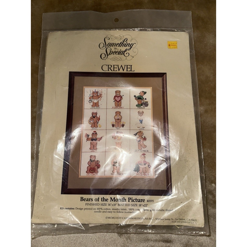 New Candamar Something Special Crewel Bears Of Month Cross Stitch Kit 14x18